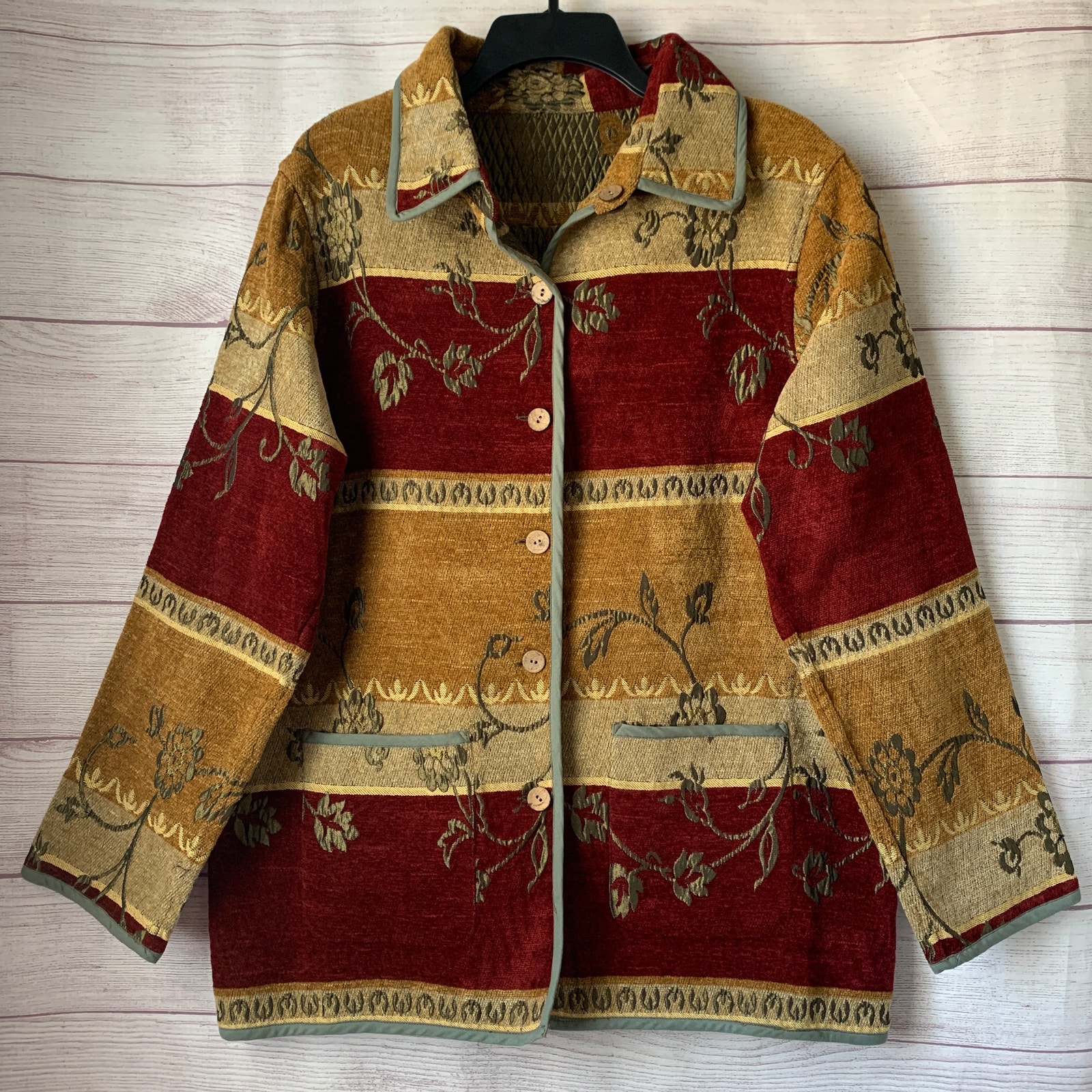 Vintage Reversible Tapestry Shacket Or Jacket Wood Buttons Brocade Floral Fabric
